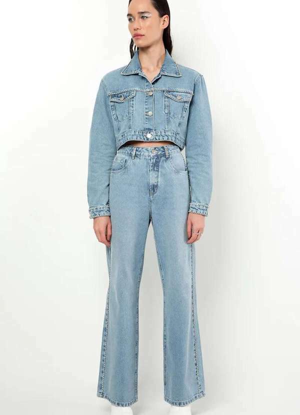 Sly Wear - Calça Wide Leg Jeans Aplicação Manual Correntes de Strass - Azul 5