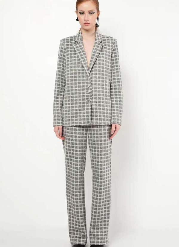 Sly Wear - Calça Wide Leg Malha Jacquard Estruturada Padronagem Xadrez - Off White 3