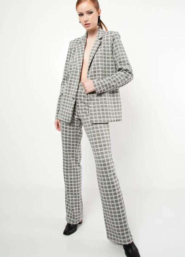 Sly Wear - Calça Wide Leg Malha Jacquard Estruturada Padronagem Xadrez - Off White 4