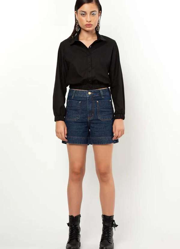 Sly Wear - Camisa Cropped Manga Longa em Tricoline com Abotomento - Preto