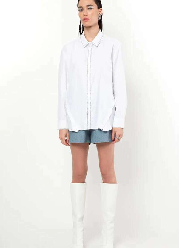 Sly Wear - Camisa Manga Longa Tricoline com Bordado de Strass - Branco