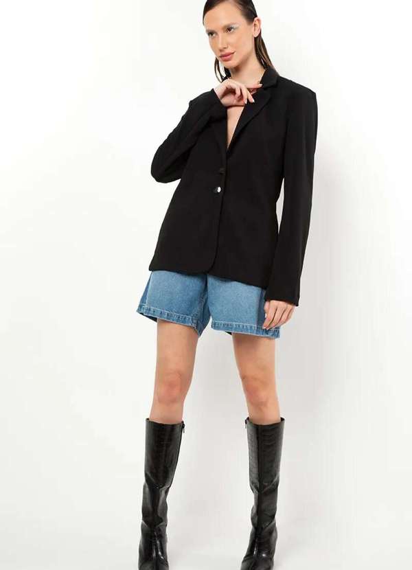 Isy - Blazer Manga Longa em Malha Crepe Estruturada - Preto