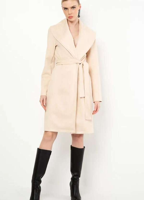 Casaco Alongado em Suede com Lapela Larga Off White Allure