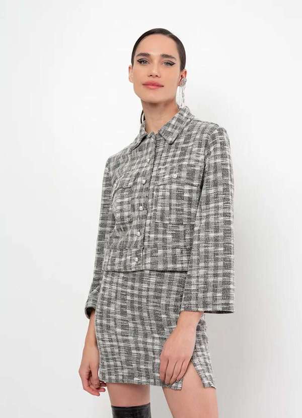 Sly Wear - Casaco Manga Longa Evasê Malha Jacquard Xadrez - Preto