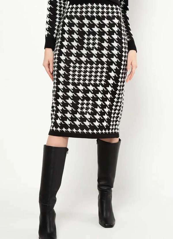 Sly Wear - Saia Mídi Justa em Tricot com Padronagem Pied de Poule - Preto