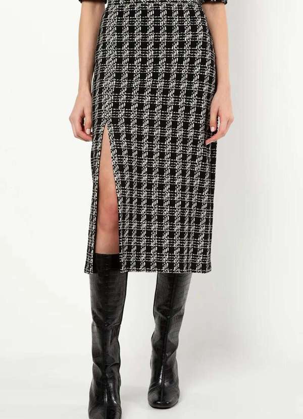 Sly Wear - Saia Mídi Justa Malha Jacquard Padronagem Xadrez - Preto 2