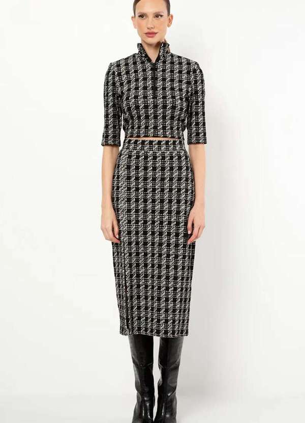 Sly Wear - Saia Mídi Justa Malha Jacquard Padronagem Xadrez - Preto 5