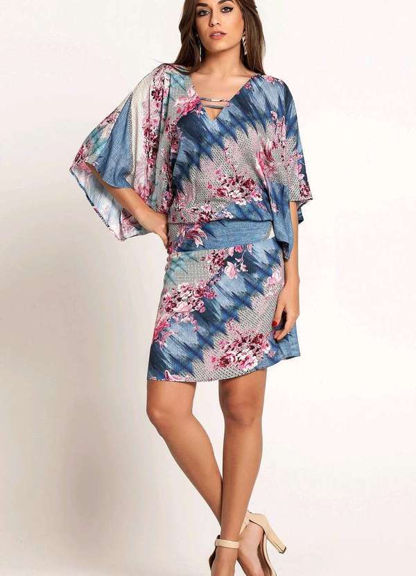 Yexx - Vestido Curto Floral Azul com Mangas Amplas - Azul