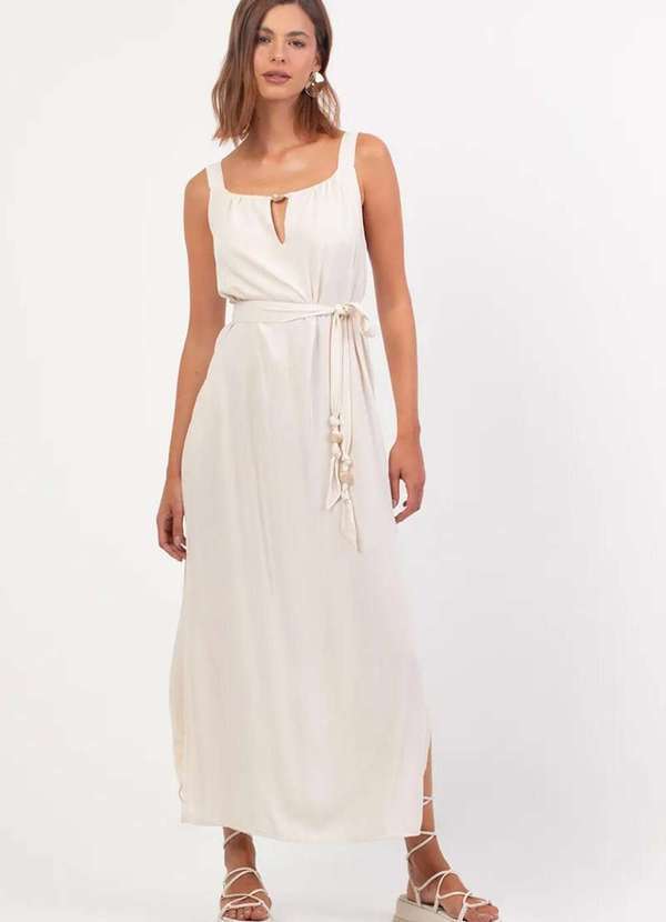 Sly Wear - Vestido Longo Maxi Alças Fendas Laterais Viscose Texturizada - Bege