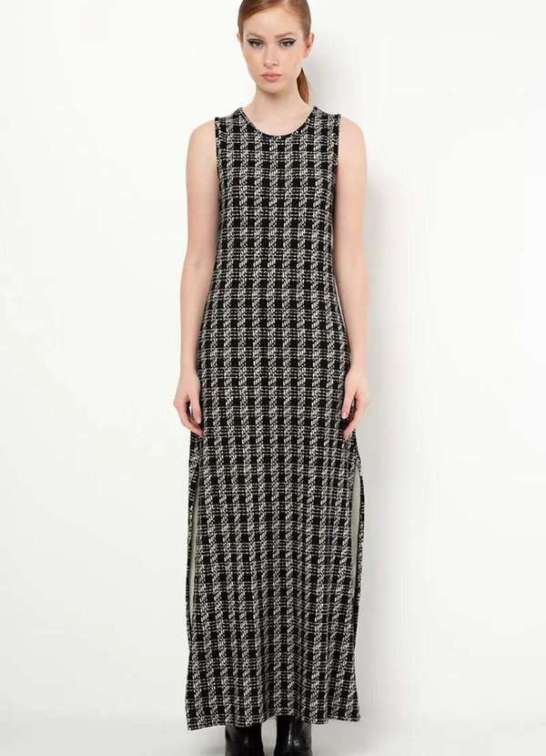 Sly Wear - Vestido Maxi Regata em Malha Jacquard Xadrez - Preto
