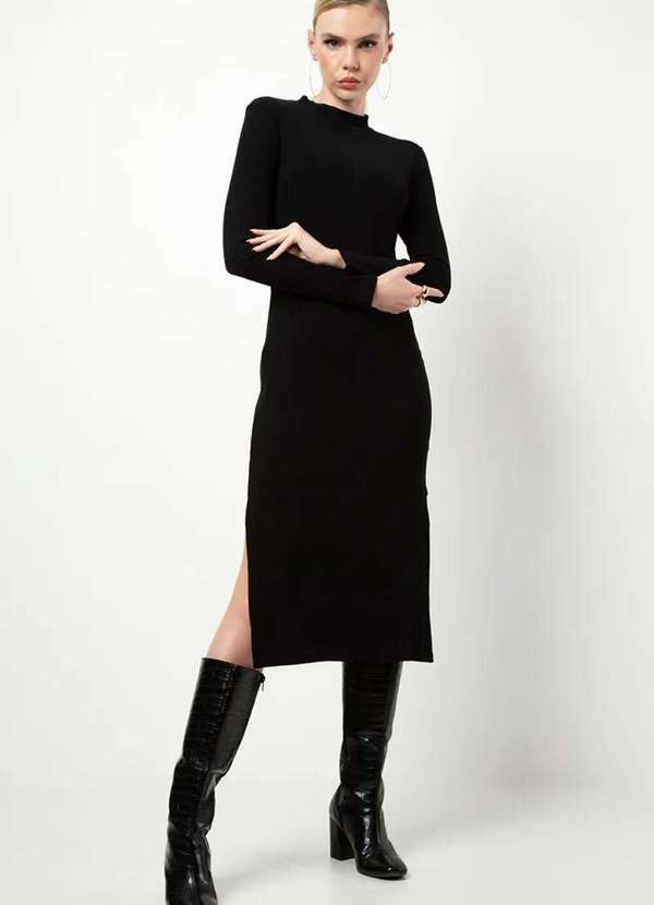 Sly Wear - Vestido Midi Fendas Laterais em Ribana Canelada - Preto