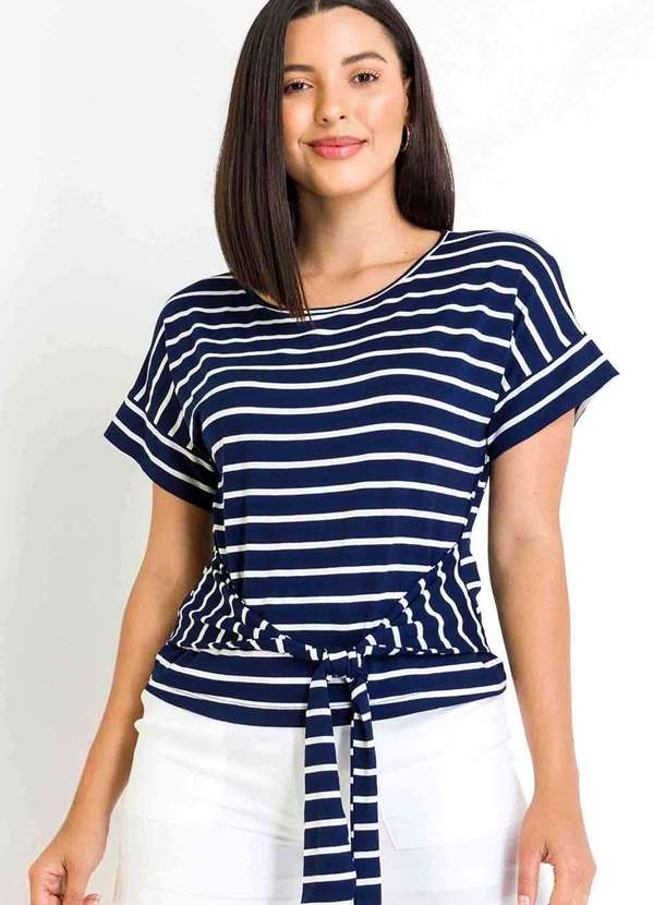 Pks - Blusa Malha Listrada com Amarracao Azul