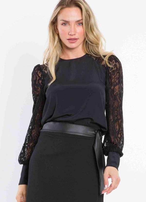 Pks - Blusa Manga Longa Renda Preto