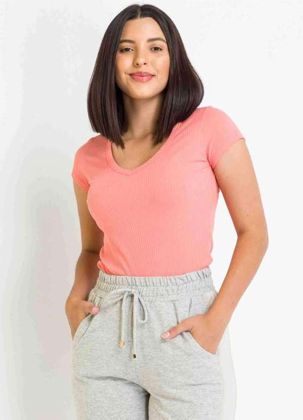 Pks - Blusa Pks Basica Malha Canelada Coral Rosa