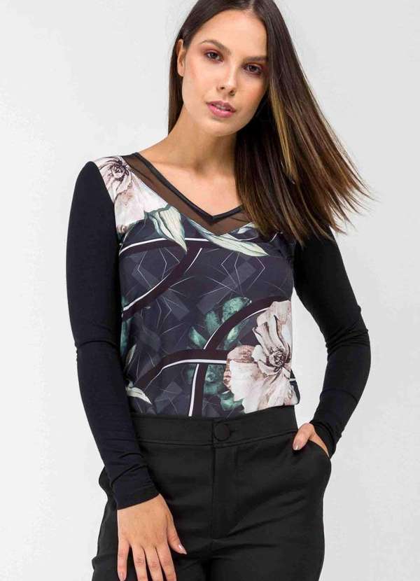 Pks - Blusa Pks Decote V Tule Floral Preto