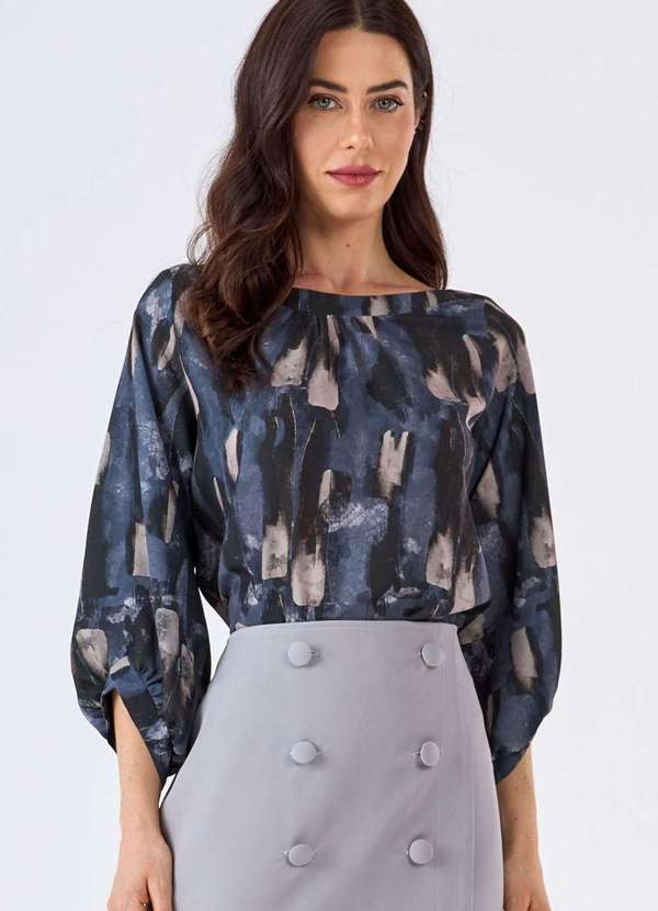 Pks - Blusa Pks Manga 7/8 Estampa Blue Stone Preto