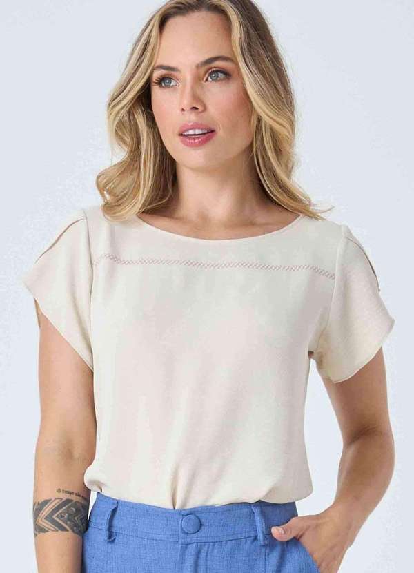 Pks - Blusa Pks Manga Curta Bordada Bege