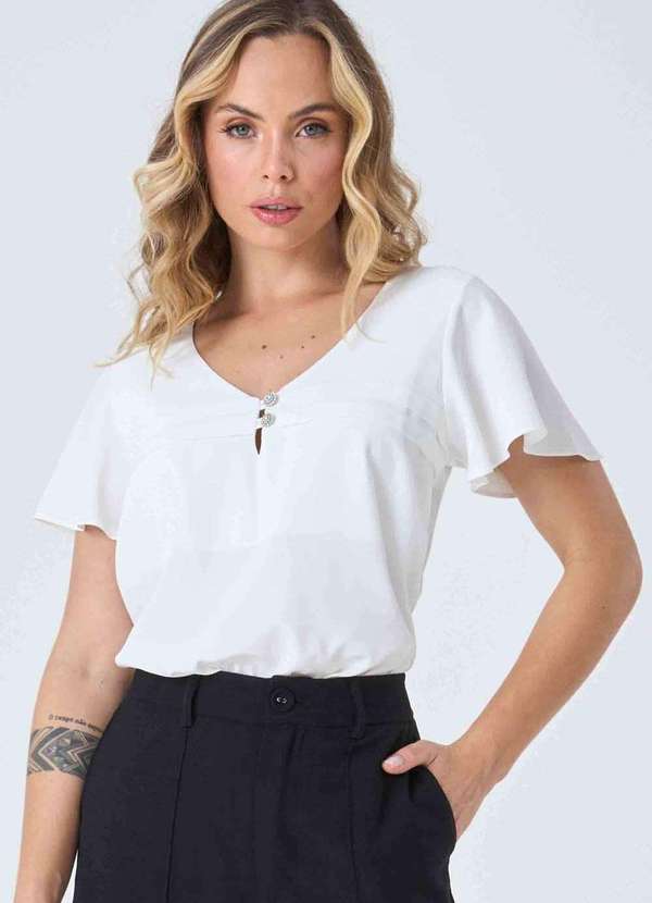 Pks - Blusa Pks Manga Curta com Botoes Joia Off White Branco