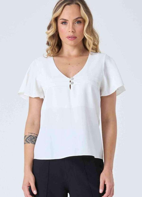 Pks - Blusa Pks Manga Curta com Botoes Joia Off White Branco 3