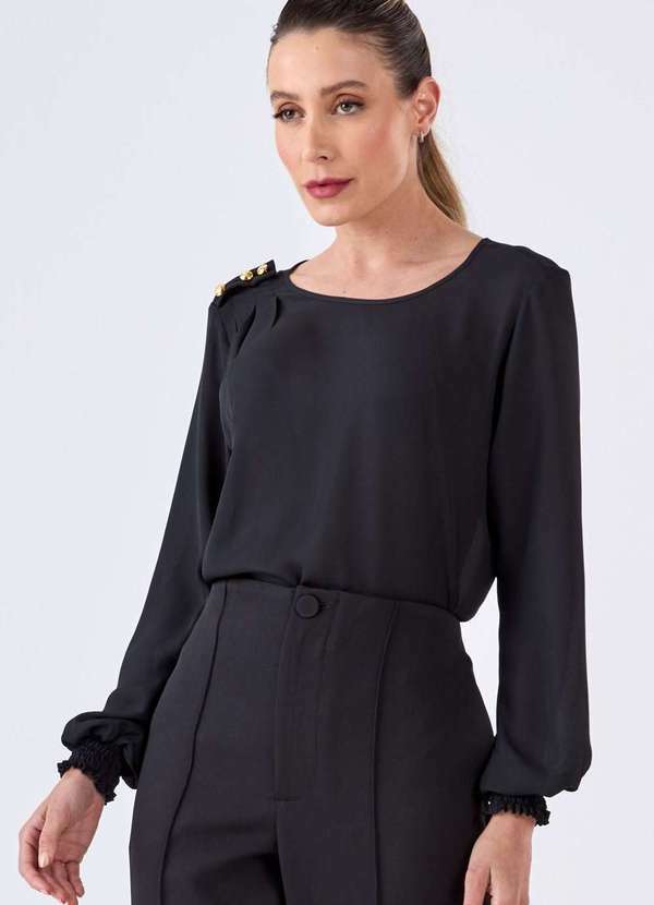 Pks - Blusa Pks Manga Longa Botoes Ombro Preto