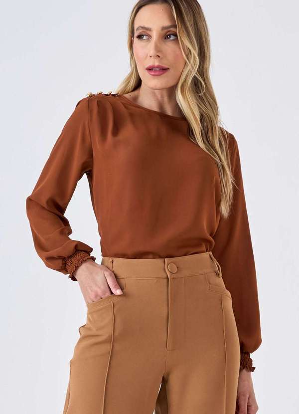 Pks - Blusa Pks Manga Longa Botoes Ombro Marrom