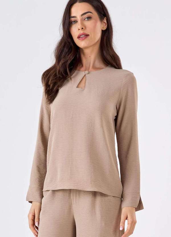 Pks - Blusa Pks Manga Longa com Botao Decote Bege 4