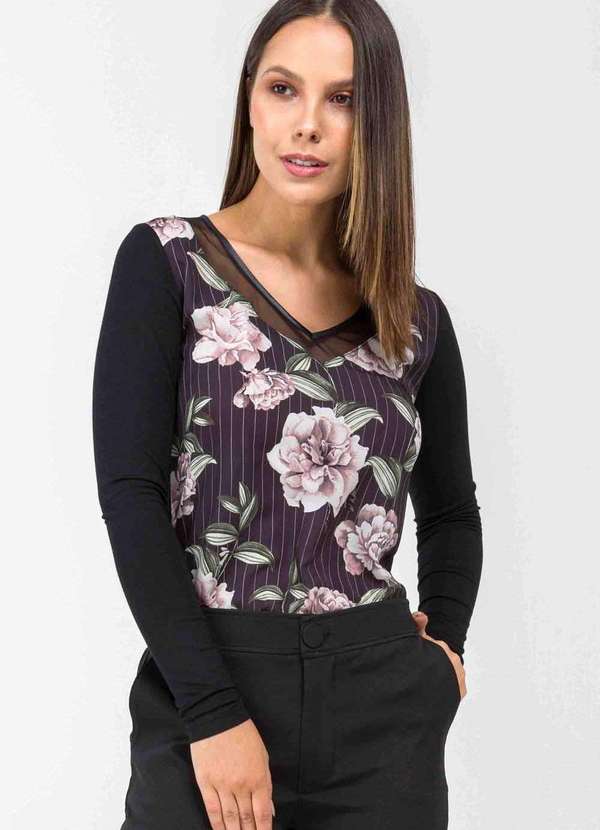 Pks - Blusa Pks Manga Longa Decote V Tule Floral Preto