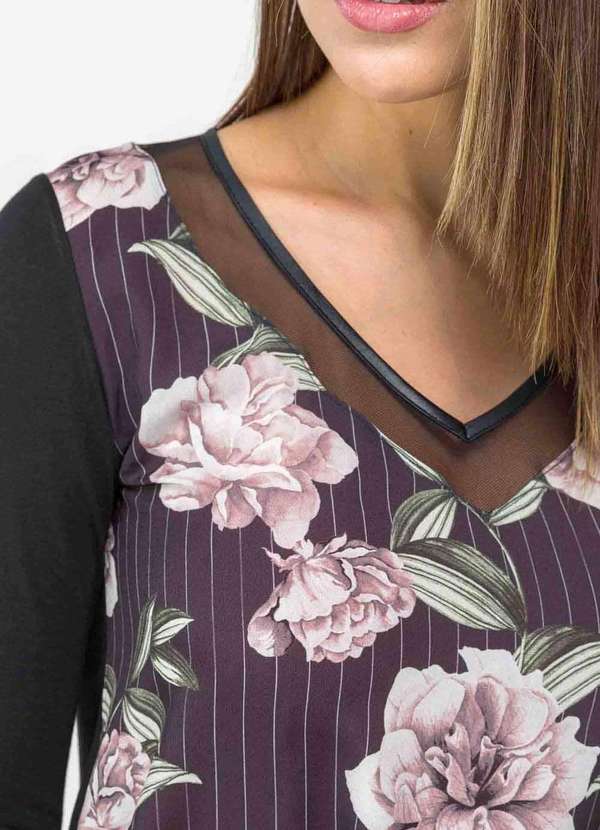 Pks - Blusa Pks Manga Longa Decote V Tule Floral Preto 3