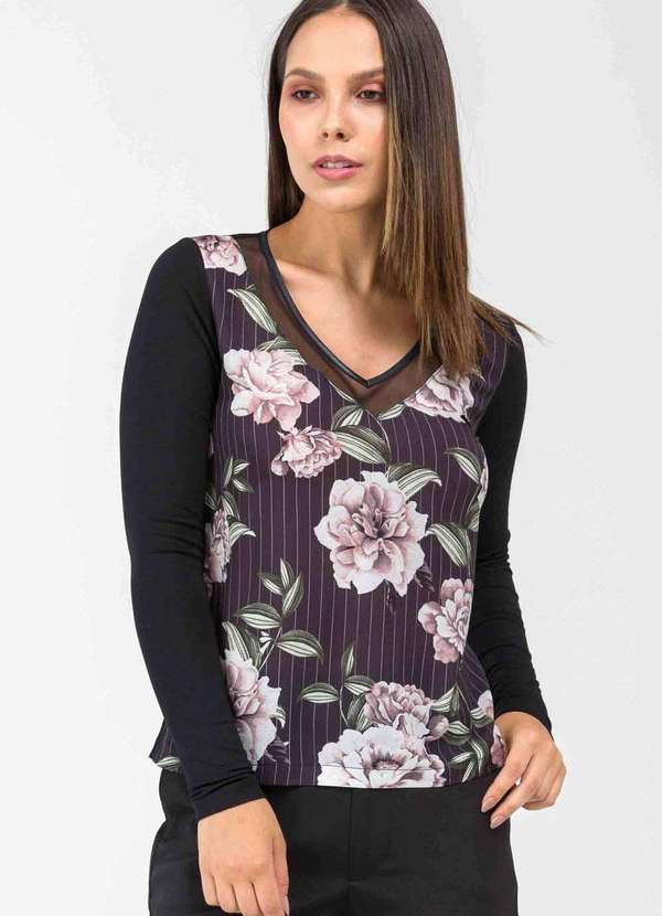 Pks - Blusa Pks Manga Longa Decote V Tule Floral Preto 4