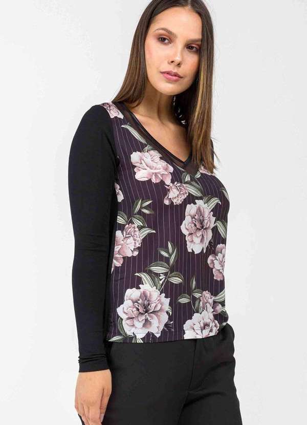 Pks - Blusa Pks Manga Longa Decote V Tule Floral Preto 5