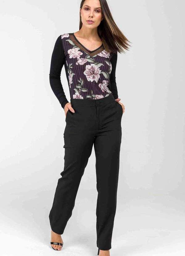 Pks - Blusa Pks Manga Longa Decote V Tule Floral Preto 6
