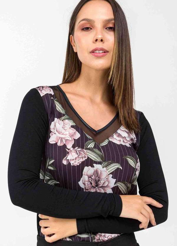 Pks - Blusa Pks Manga Longa Decote V Tule Floral Preto 7
