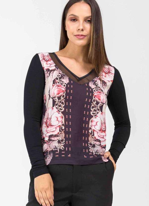 Pks - Blusa Pks Manga Longa Decote V Tule Frente Estampada Preto 5