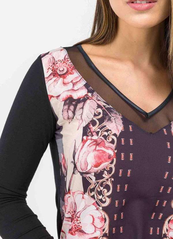 Pks - Blusa Pks Manga Longa Decote V Tule Frente Estampada Preto 6