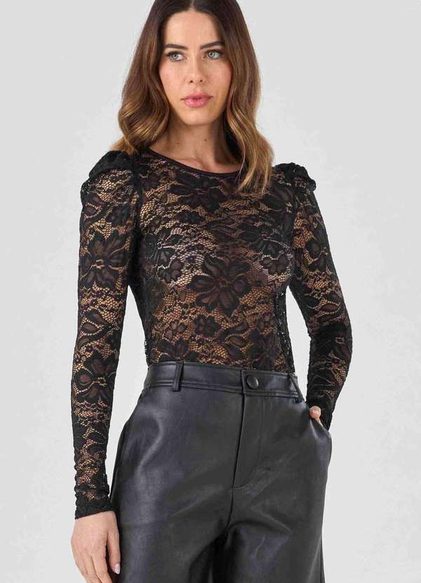 Pks - Blusa Pks Manga Longa Renda Preto