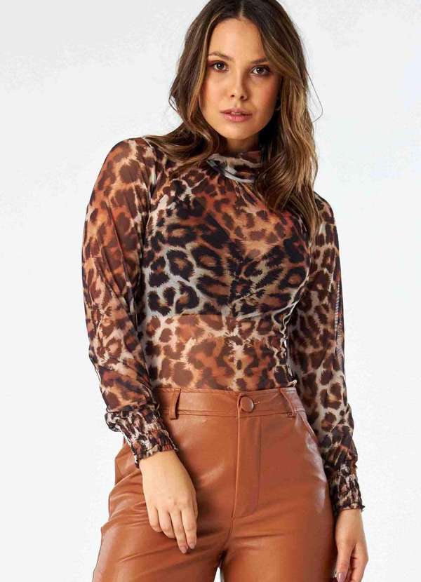 Pks - Blusa Pks Manga Longa Tule Estampa Animal Print Marrom