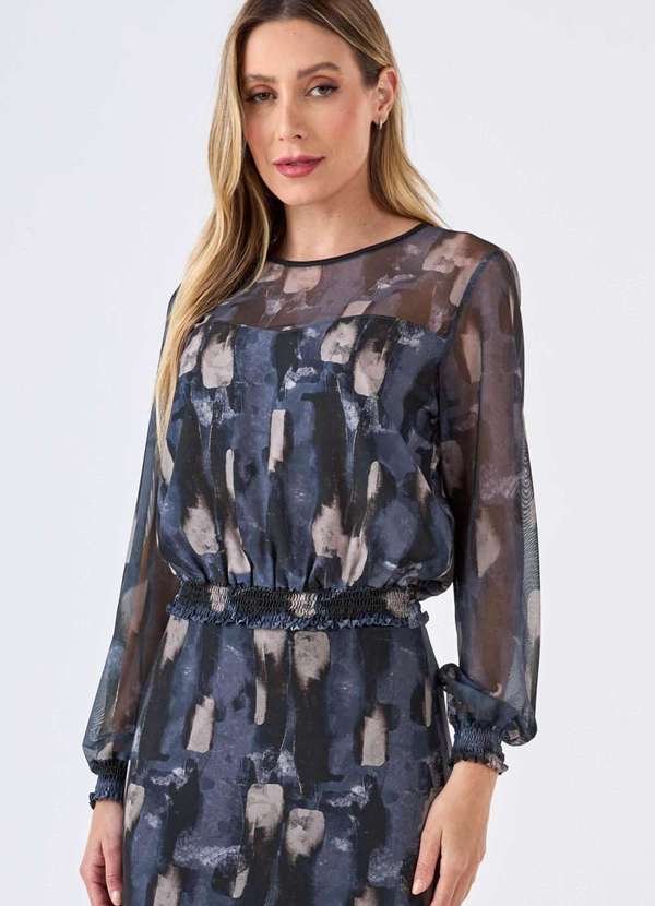 Pks - Blusa Pks Manga Longa Tule Estampa Blue Stone Azul