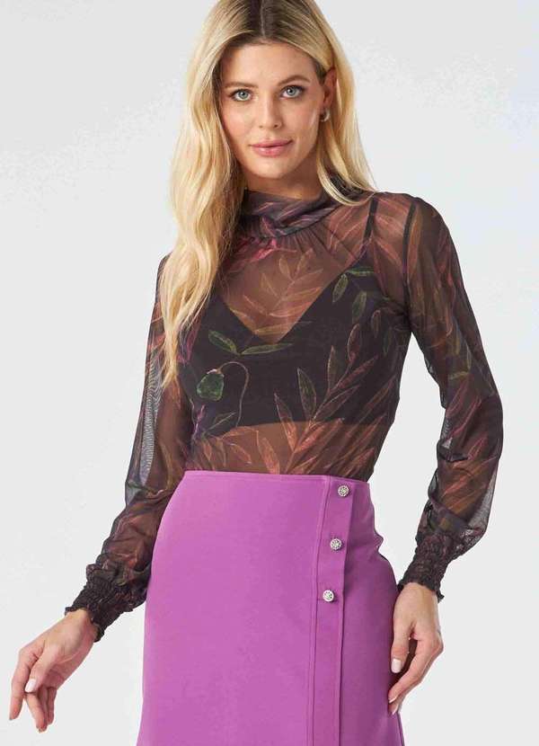 Pks - Blusa Pks Manga Longa Tule Estampa Folhas Preto