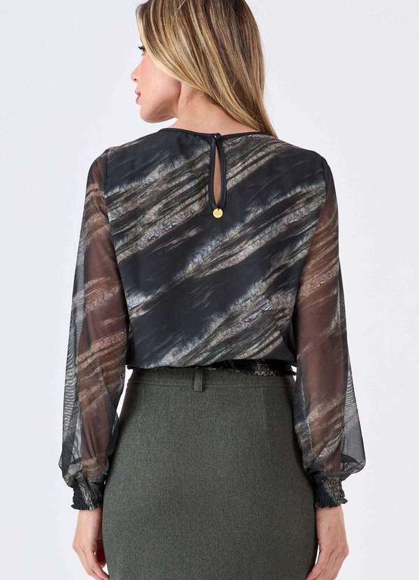 Pks - Blusa Pks Manga Longa Tule Estampa Olive Green Verde 2