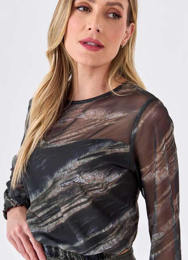 Pks - Blusa Pks Manga Longa Tule Estampa Olive Green Verde 3