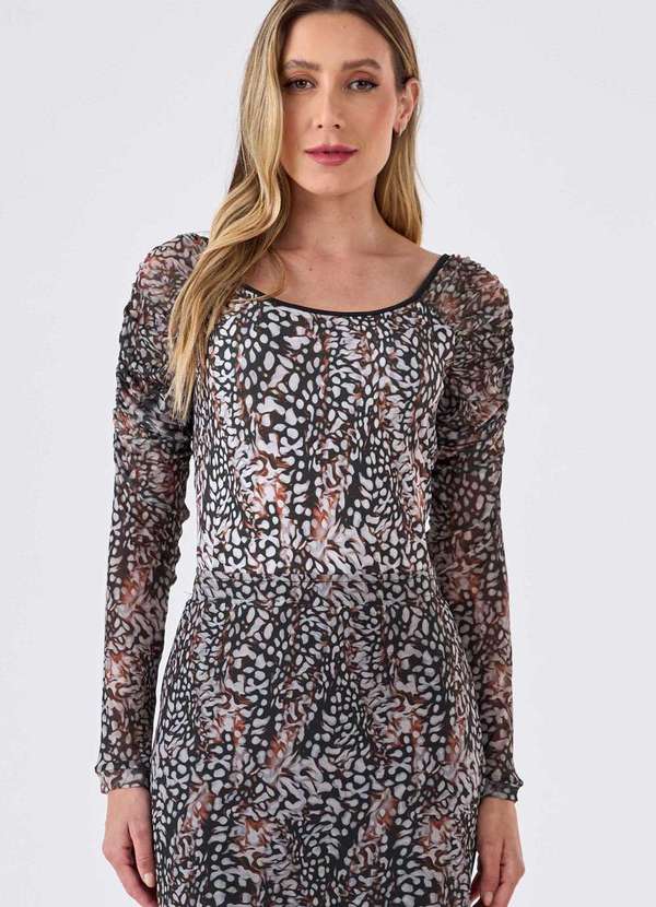 Pks - Blusa Pks Manga Tule Estampa Unique Brown Marrom