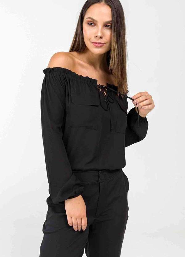Pks - Blusa Pks Ombro a Ombro Bolsos Preto 5