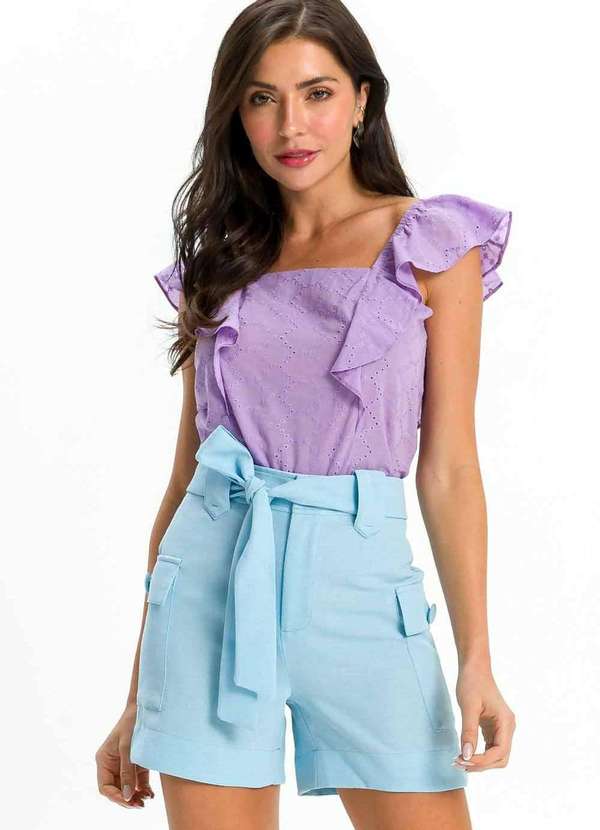 Pks - Blusa Tecido Laise Babados Ombros Roxo