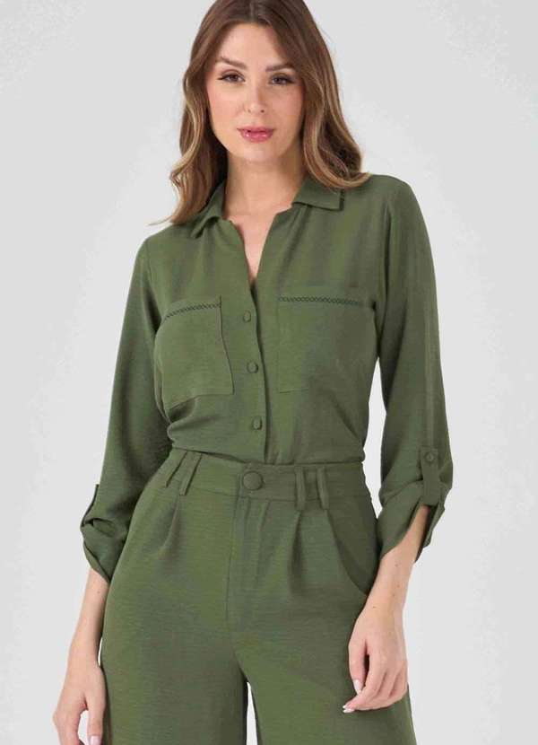 Pks - Camisa Manga Longa Bolso Bordado Verde