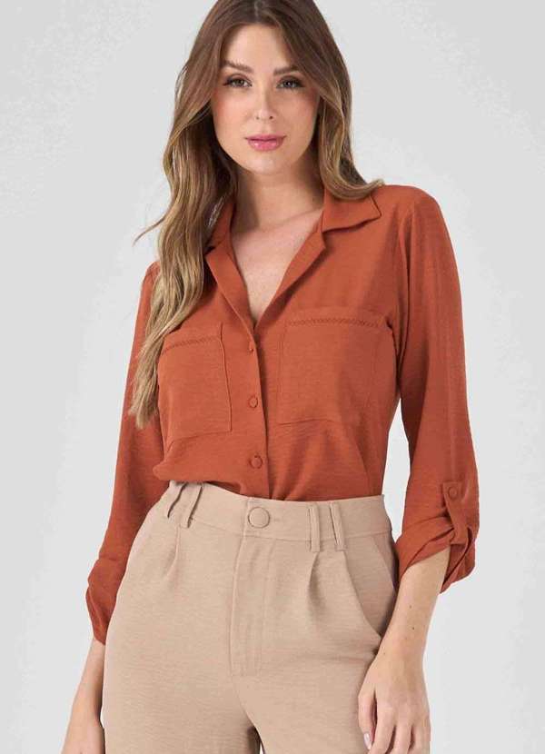 Pks - Camisa Manga Longa Bolso Bordado Marrom