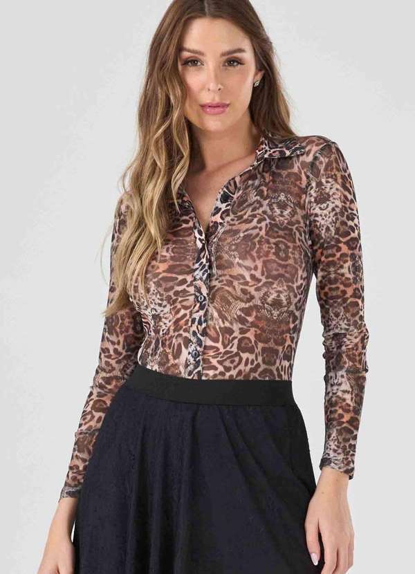 Pks - Camisa Pks Manga Longa Tule Estampa Animal Print Marrom