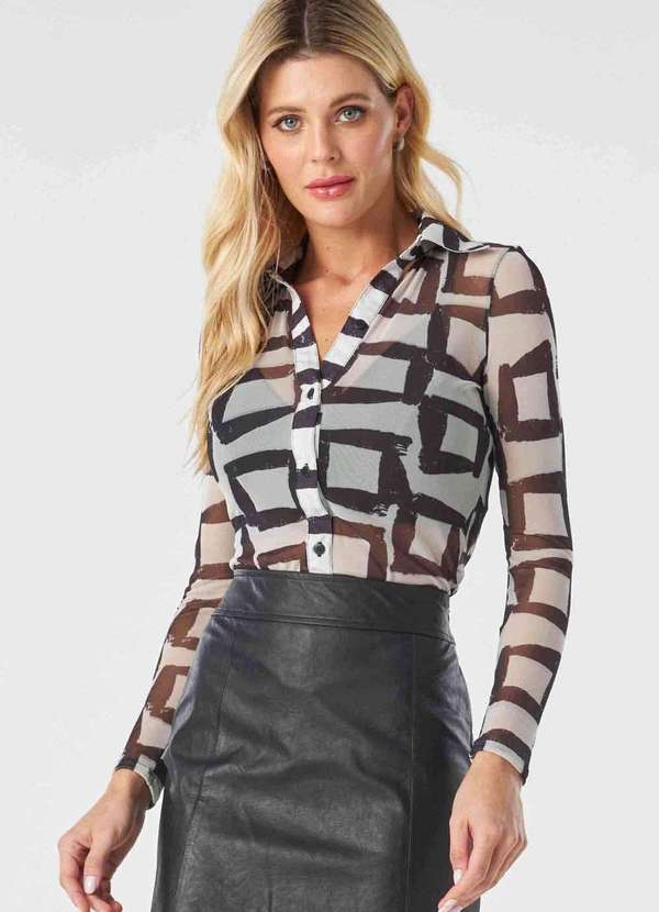 Pks - Camisa Pks Manga Longa Tule Estampa Geometrica Branco