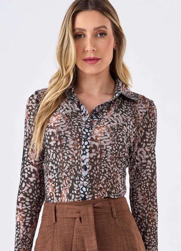 Pks - Camisa Pks Manga Longa Tule Estampada Marrom