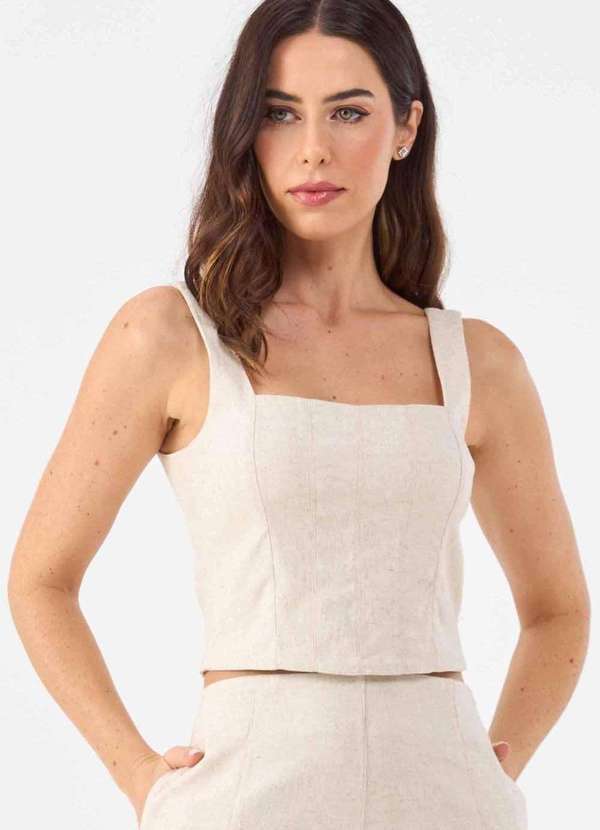 Pks - Top Cropped Pks Alfaiataria Linho Natural Bege