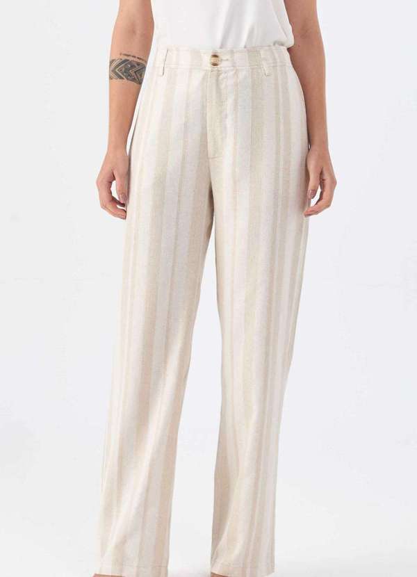Pks - Calca Pks Alfaiataria Wide Leg Linho Natural Listrado Bege